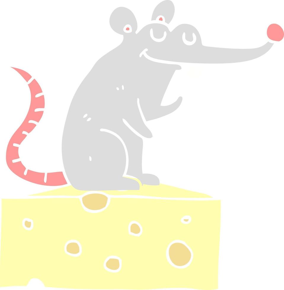 ratón de dibujos animados de estilo de color plano sentado en queso vector