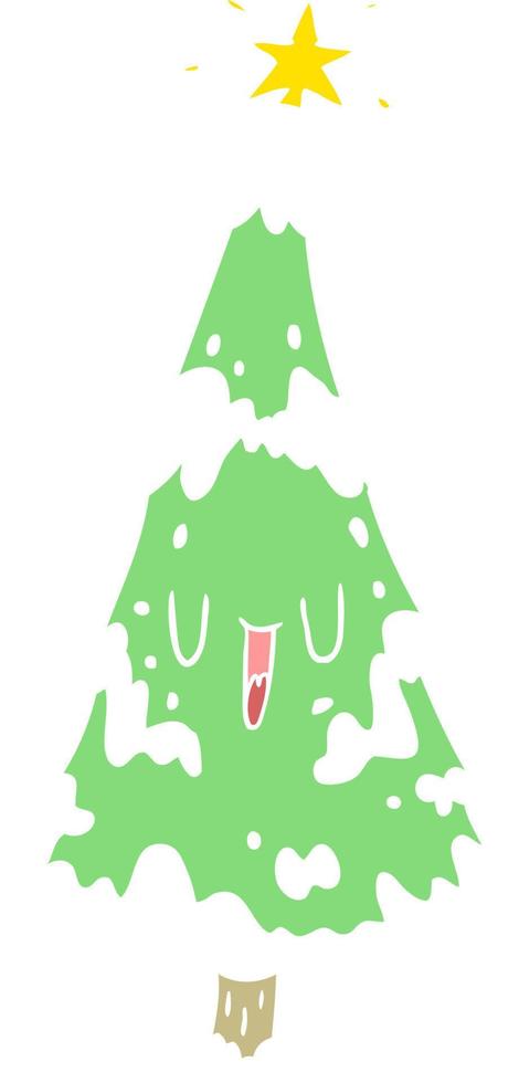 árbol de navidad nevado de dibujos animados de estilo de color plano con cara feliz vector