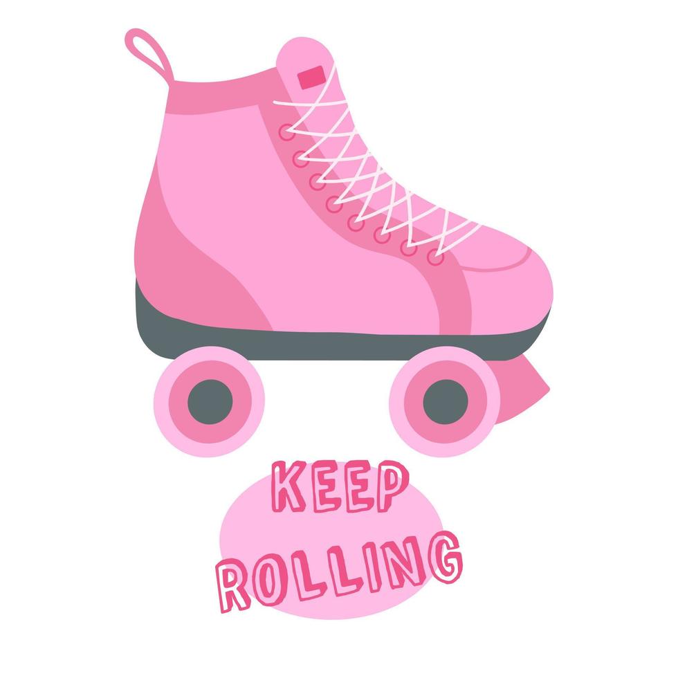 Pink roller skate in cartoon flat style. Vector illustration of classic 80s 90s fashion element, pop girly sticker, emblem, pin, badge, patch. Nostalgia 1990
