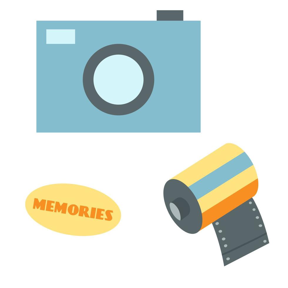 Retro photo camera with photo film roll in cartoon flat style. Vector illustration of vintage photograph equipment. Nostalgia for 1980 1990