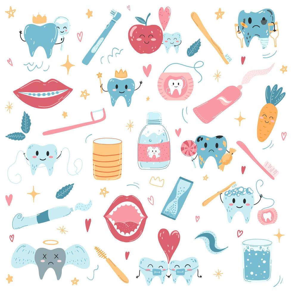 conjunto de vectores dibujados a mano de personajes de dientes kawaii y productos de cuidado bucal en estilo plano de dibujos animados. cepillos de dientes, pasta de dientes, boca, hilo dental. concepto de cuidado dental