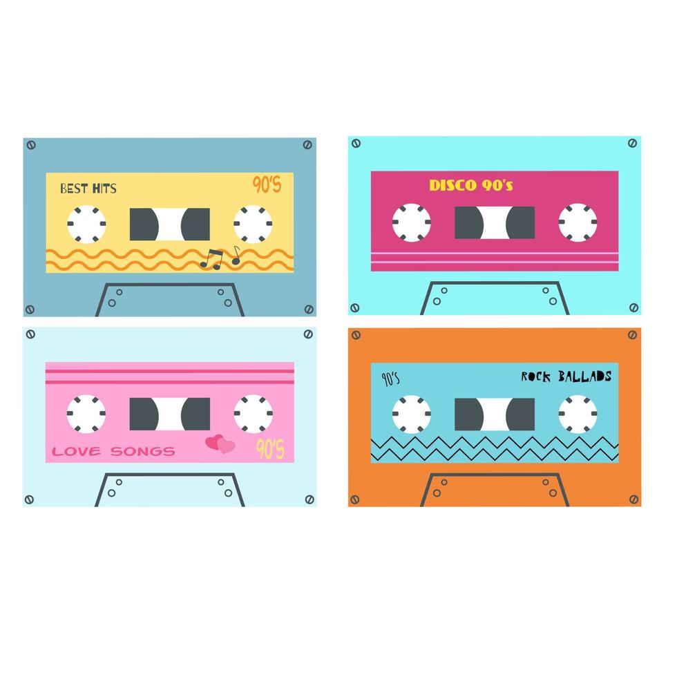 Retro cassette stickers in cartoon flat style. Vector illustration of audio mixtape, recorded songs in 1990s style, classic 80s 90s elements. Nostalgia 1990