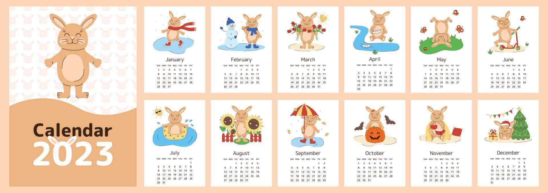 Calendar 2023 with cute rabbit. Symbol of the year. Cover and 12 months pages. Vertical template. Week starts on Sunday vector