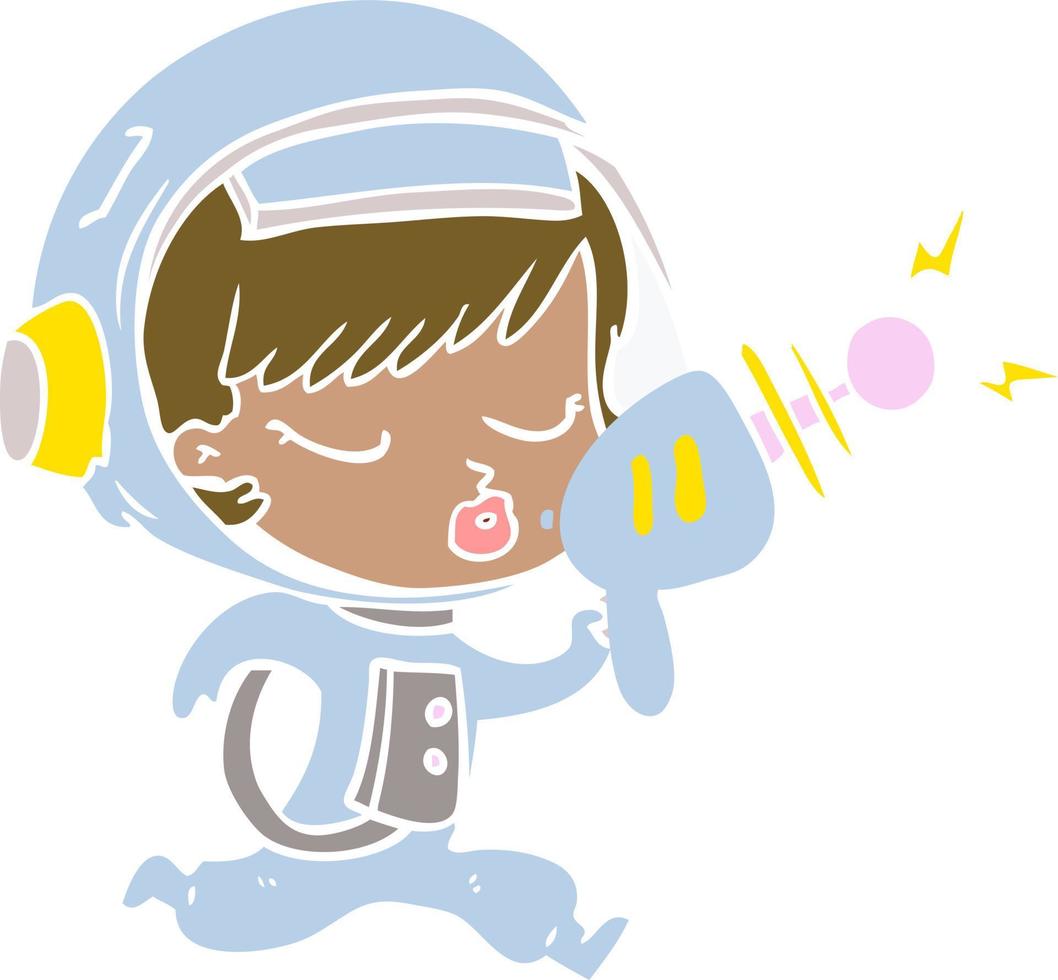 Chica astronauta bonita de dibujos animados de estilo de color plano con pistola de rayos vector