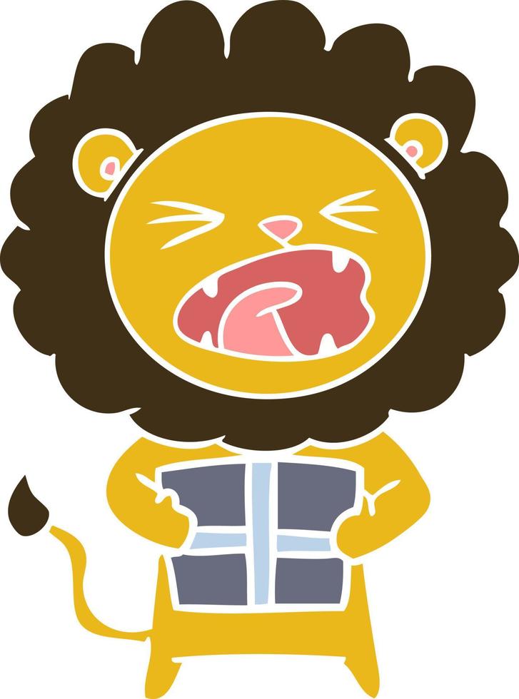 flat color style cartoon lion with christmas present vector