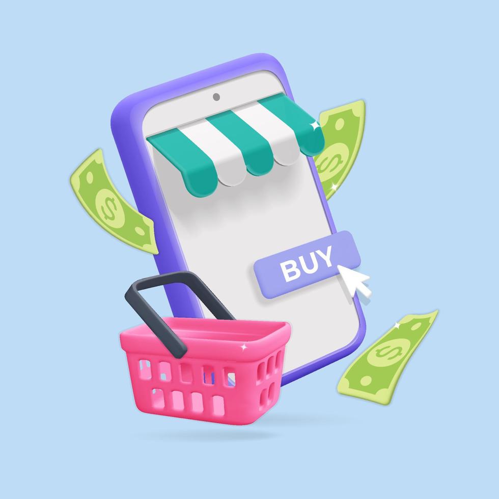 3d vector cartoon render smartphone con aplicación de compras en línea y banner de diseño de cesta