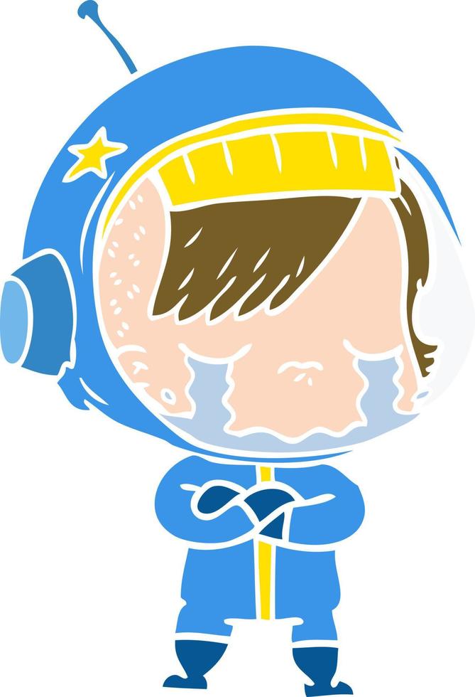 niña astronauta llorando de dibujos animados de estilo de color plano vector