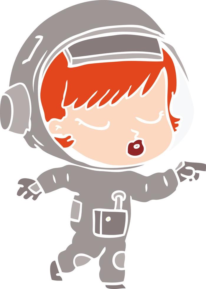 chica astronauta bonita de dibujos animados de estilo de color plano señalando vector