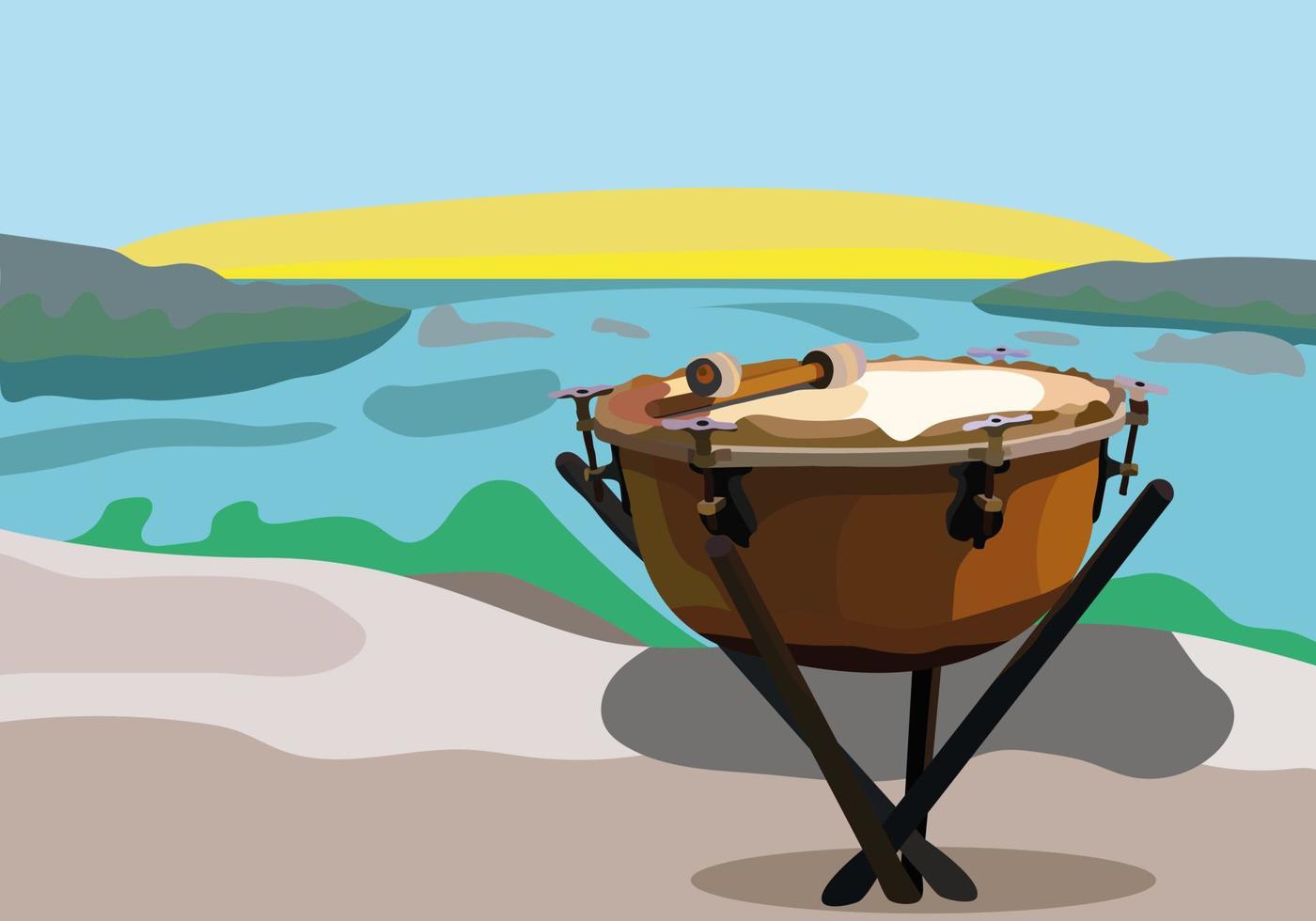 The traditional Ukrainian war drum stands against the backdrop of nature. Tulumbas overlooking the island of Khortitsa in the city of Zaporozhye vector