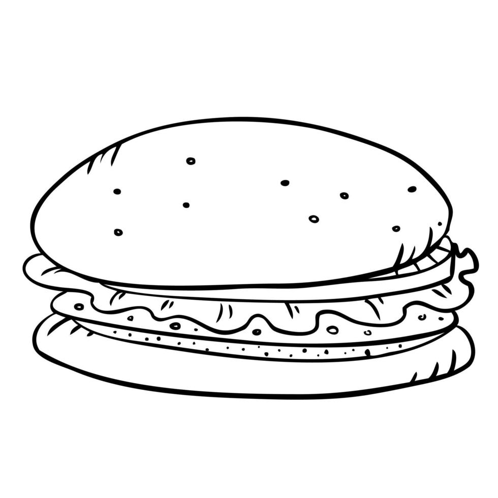 Fast food burger with cutlet, pmidor and salad. Vector illustration in doodle style.