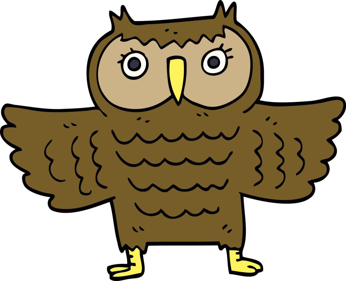 cartoon doodle owl with flapping wings vector
