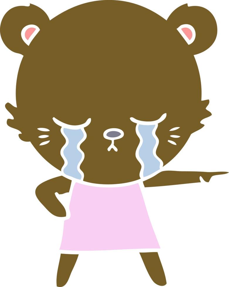 crying flat color style cartoon bear in dress pointing vector