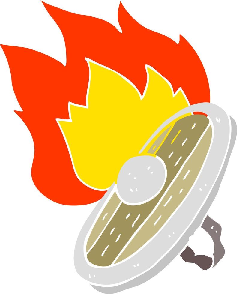 ilustración de color plano de un escudo de dibujos animados en llamas vector