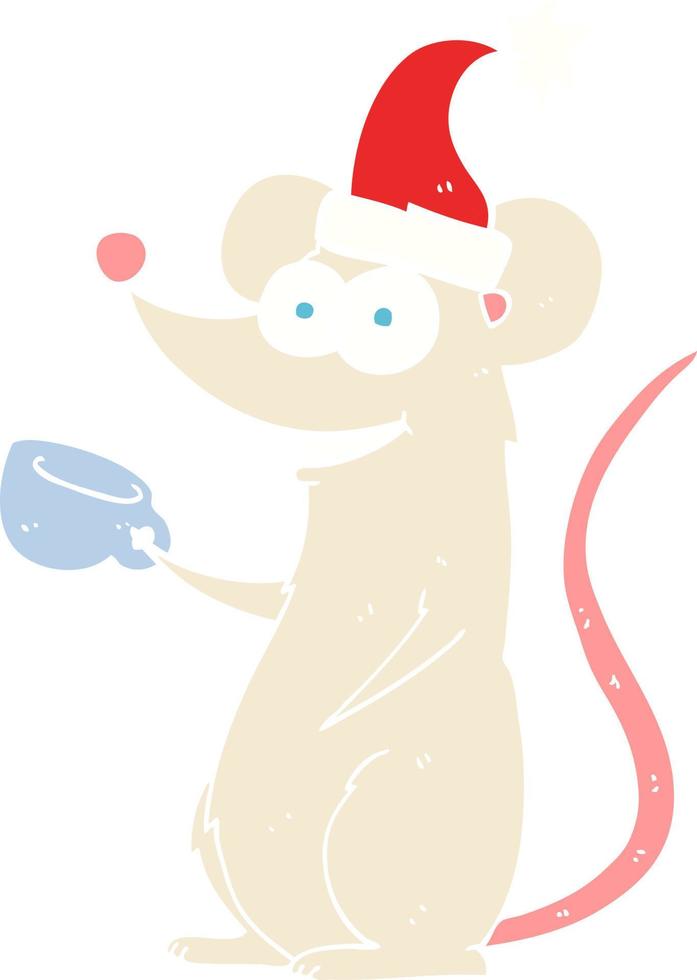 flat color illustration of a cartoon mouse wearing christmas hat vector