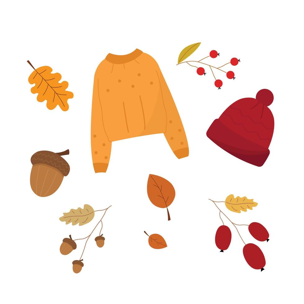 Cute cozy autumn set of illustrations with warm sweater, hat, oak, berries vector