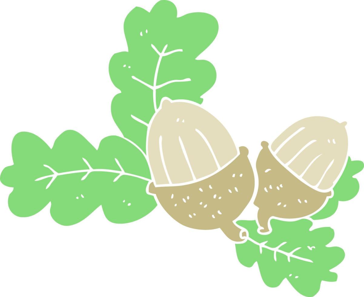 flat color illustration of a cartoon acorns and leaves vector