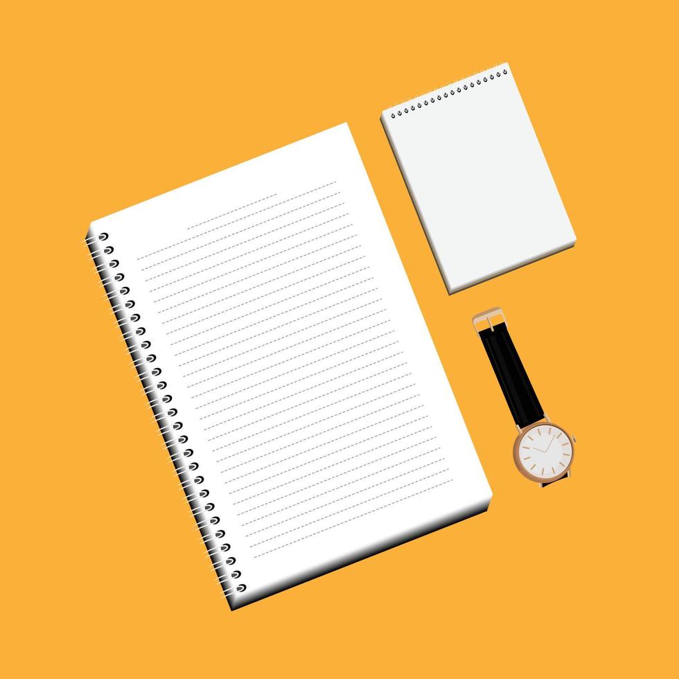 un cuaderno con líneas blancas y un bloc de notas para escribir notas se colocan junto al reloj de pulsera con correa negra convertida vector