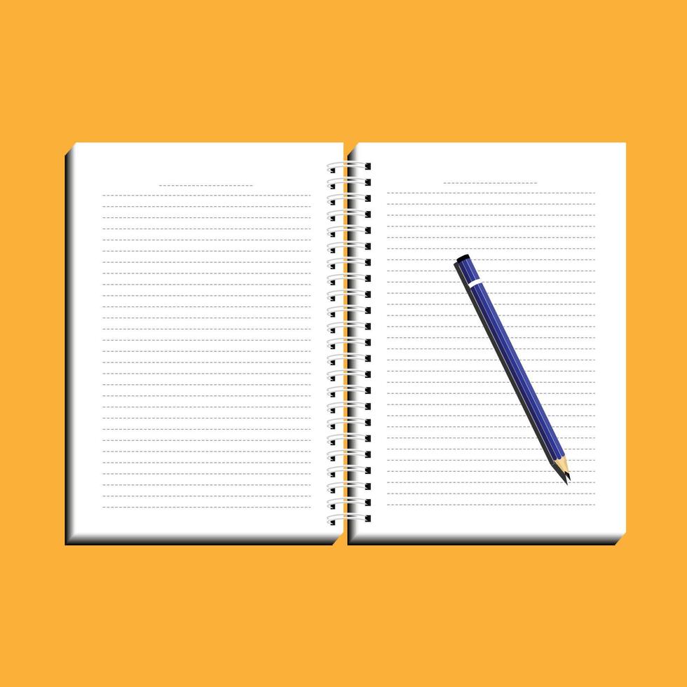 An open-sided writing notebook with white lined pages and a blue pencil vector