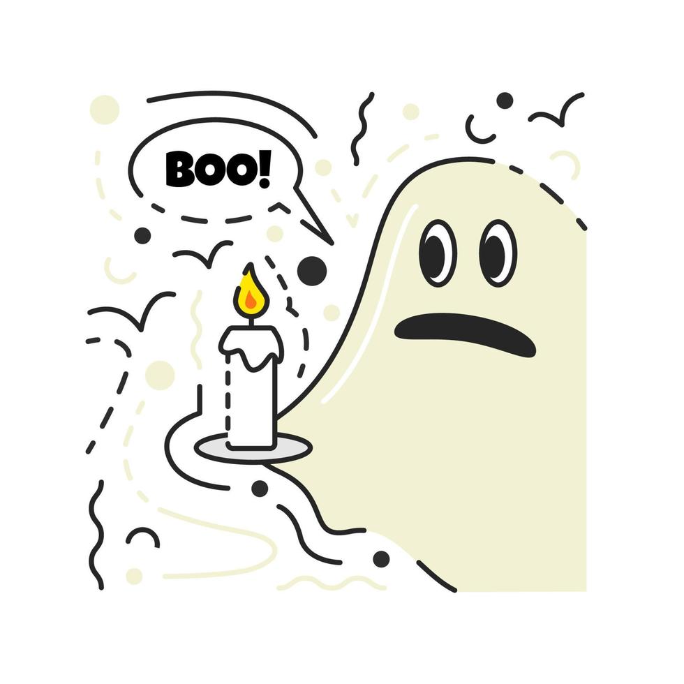 silueta fantasma sosteniendo una vela aislada sobre fondo blanco. espíritu aterrador con discurso de burbuja boo. personaje espeluznante de halloween. personaje fantasma tradicional de vacaciones. ilustración vectorial plana dibujada a mano vector