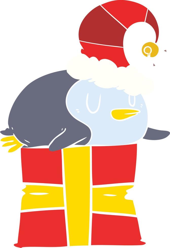 pingüino de dibujos animados de estilo de color plano con sombrero de navidad vector