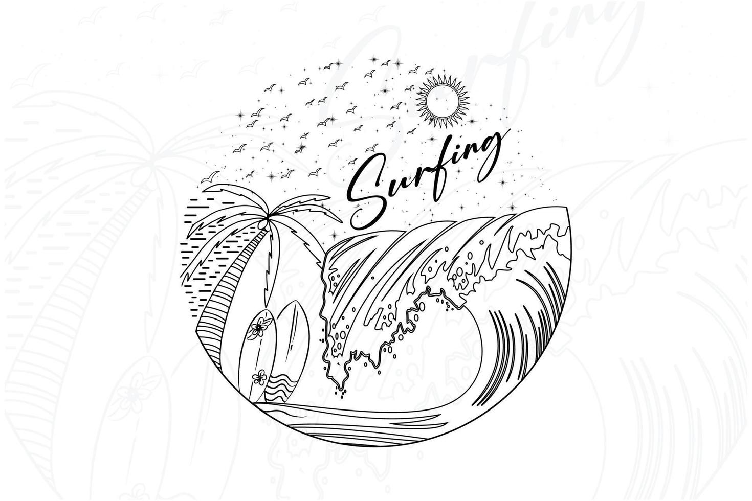 Surfing surfboard line art t-shirt design vector