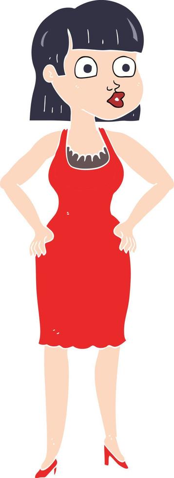 flat color illustration of a cartoon woman in dress with hands on hips vector