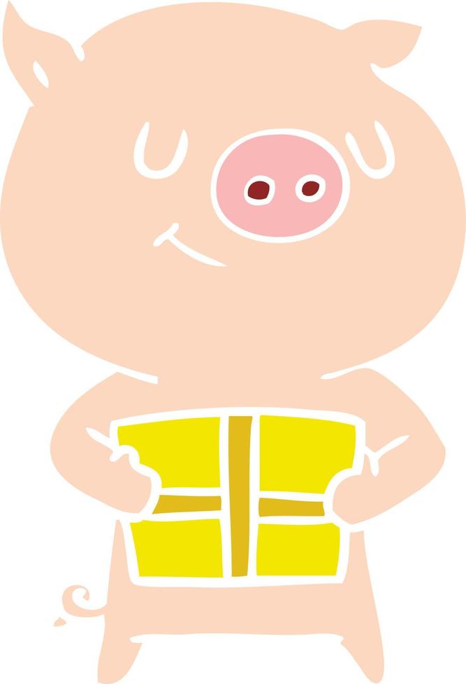 happy flat color style cartoon pig with christmas present vector