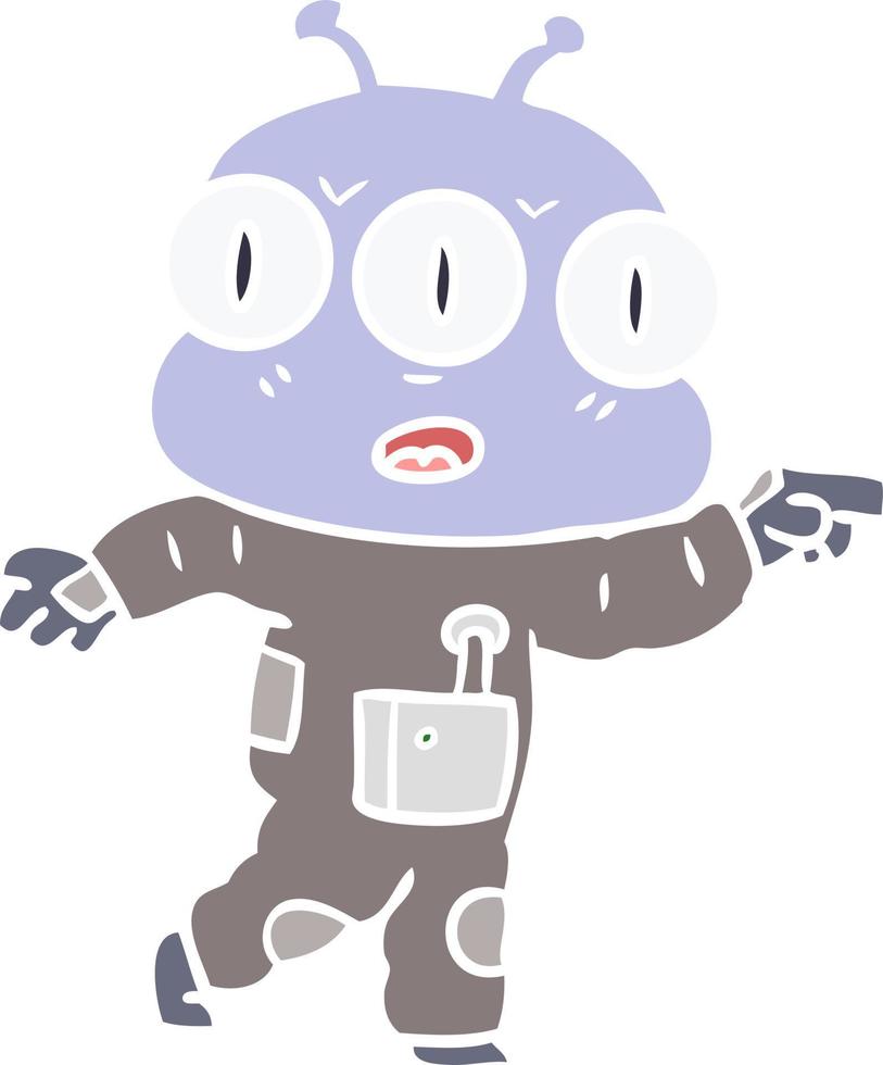 flat color style cartoon three eyed alien pointing vector