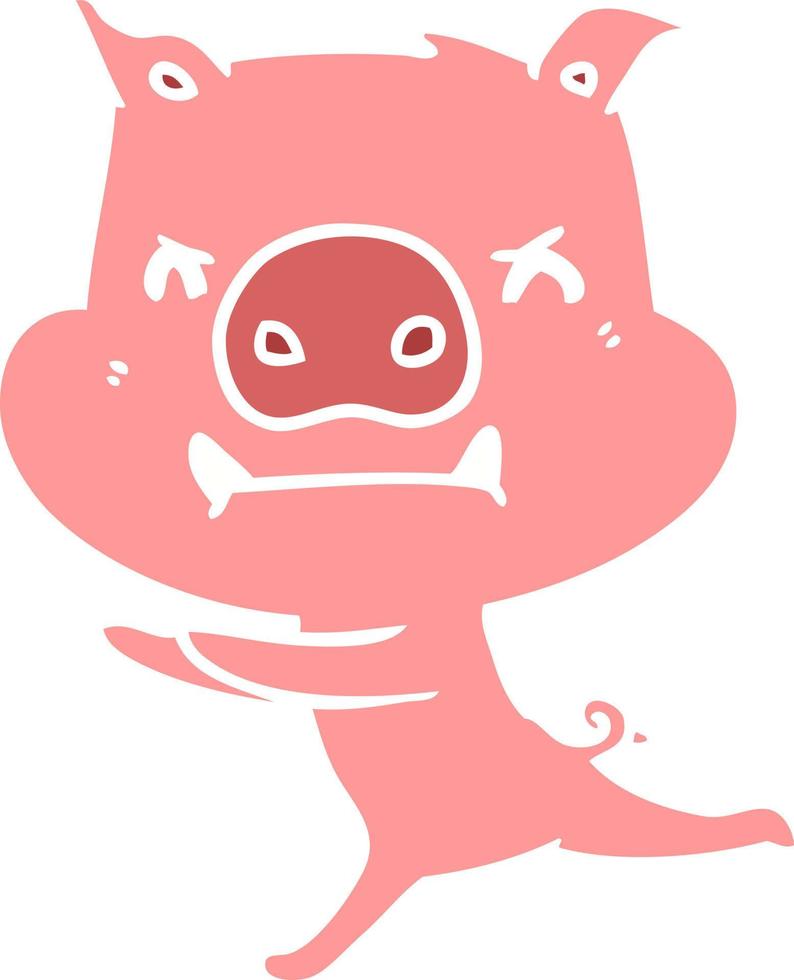 angry flat color style cartoon pig vector