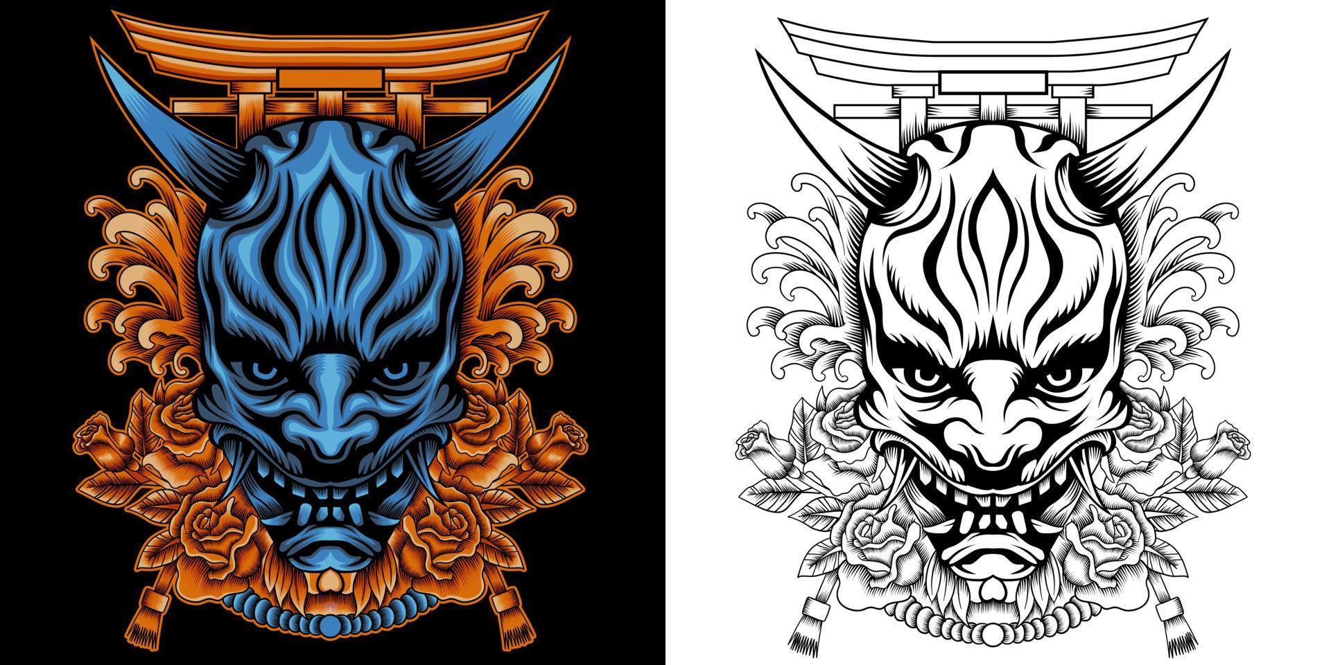 Oni mask with roses, tori gate, and japanese ornament. vector illustration