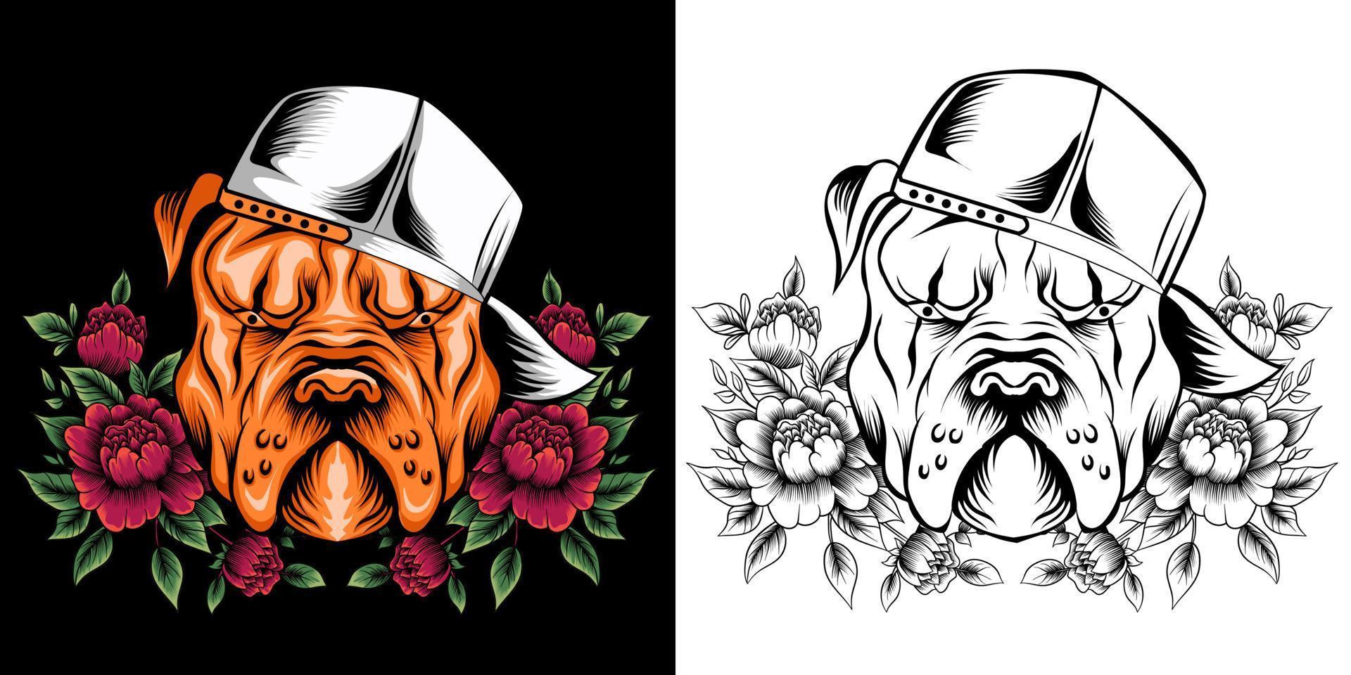 pitbull head with roses vector illustration