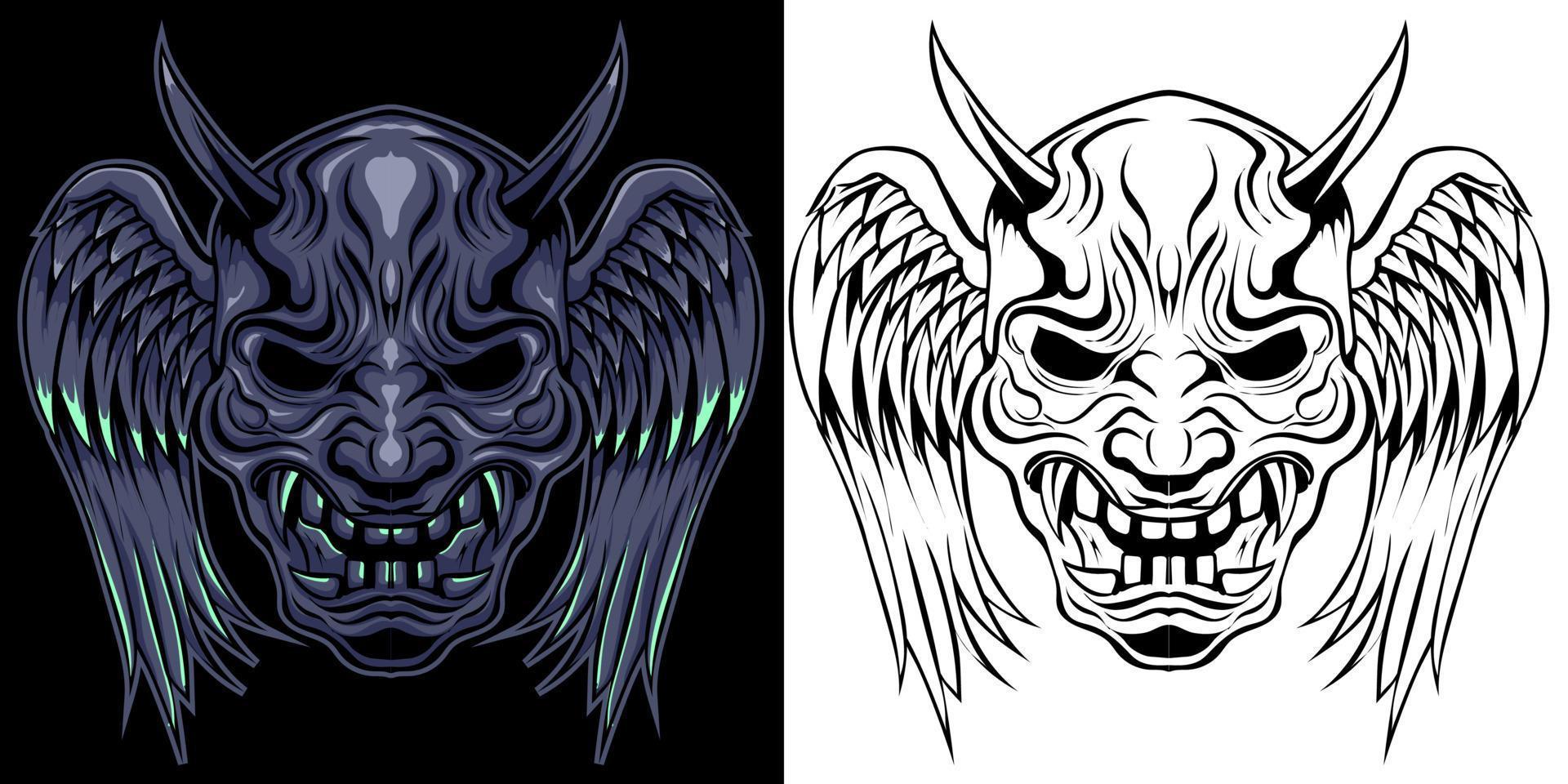 winged oni mask vector illustration in neon color style