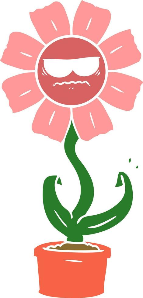 angry flat color style cartoon flower vector