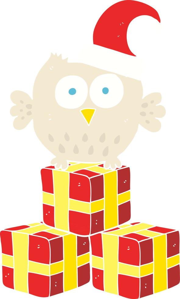 flat color illustration of a cartoon little owl wearing christmas hat vector