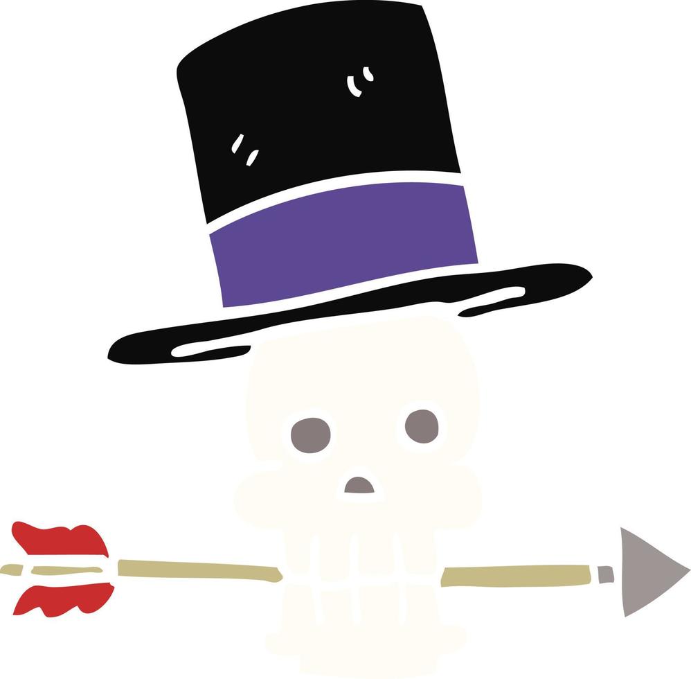 cartoon doodle skull with top hat and arrow vector