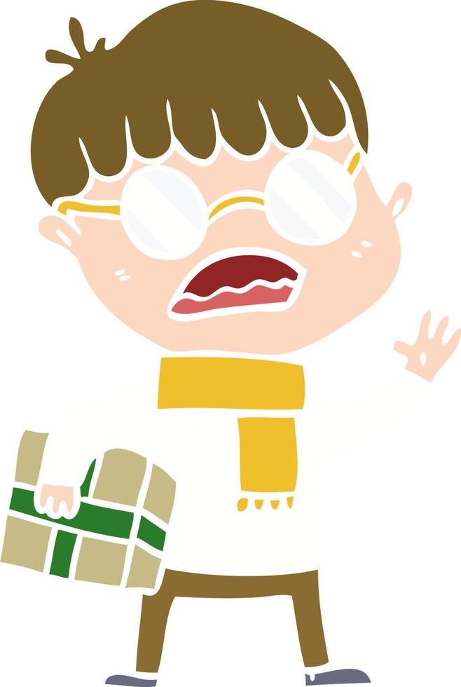 flat color style cartoon boy holding gift and wearing spectacles vector