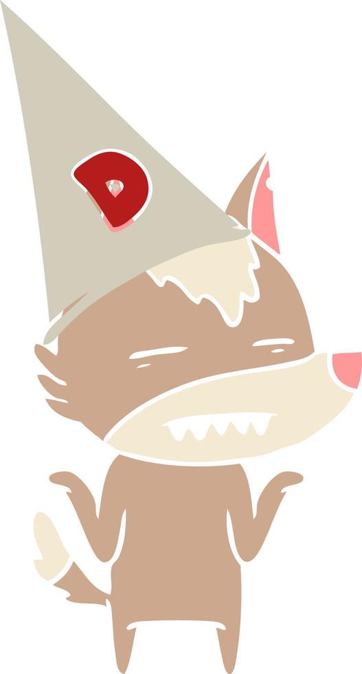 flat color style cartoon wolf wearing duce hat vector