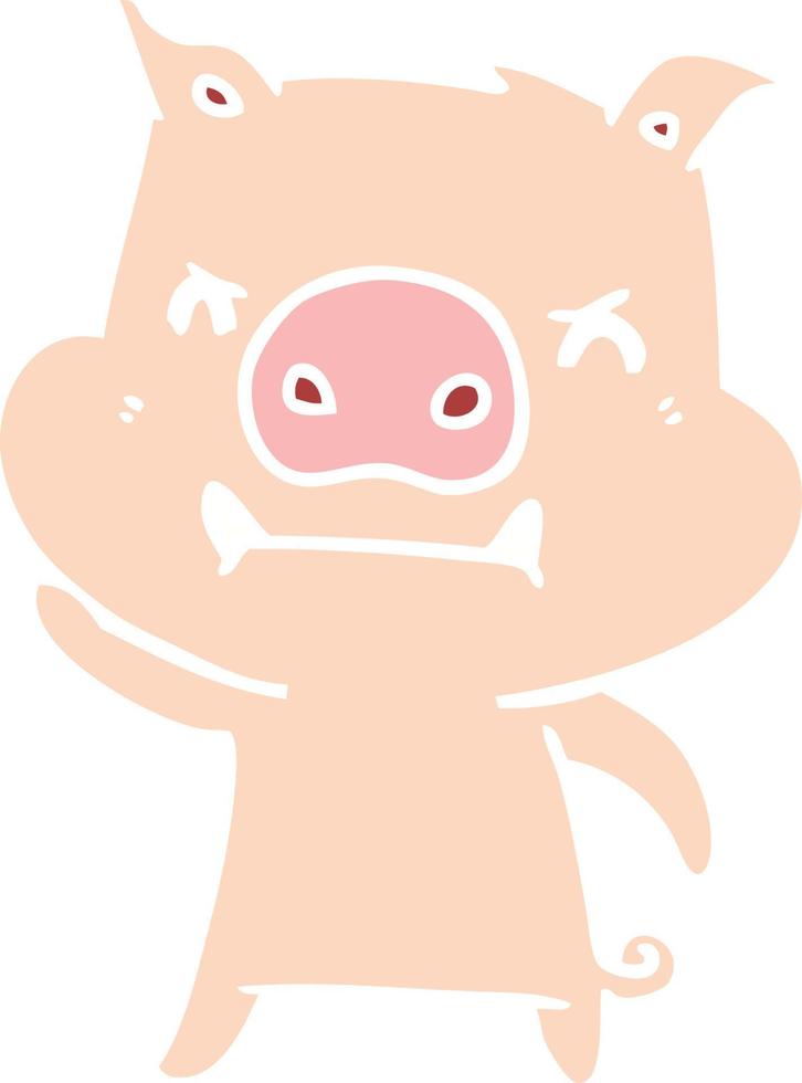 angry flat color style cartoon pig vector