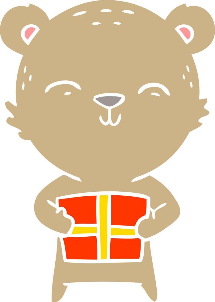 happy flat color style cartoon bear with gift vector