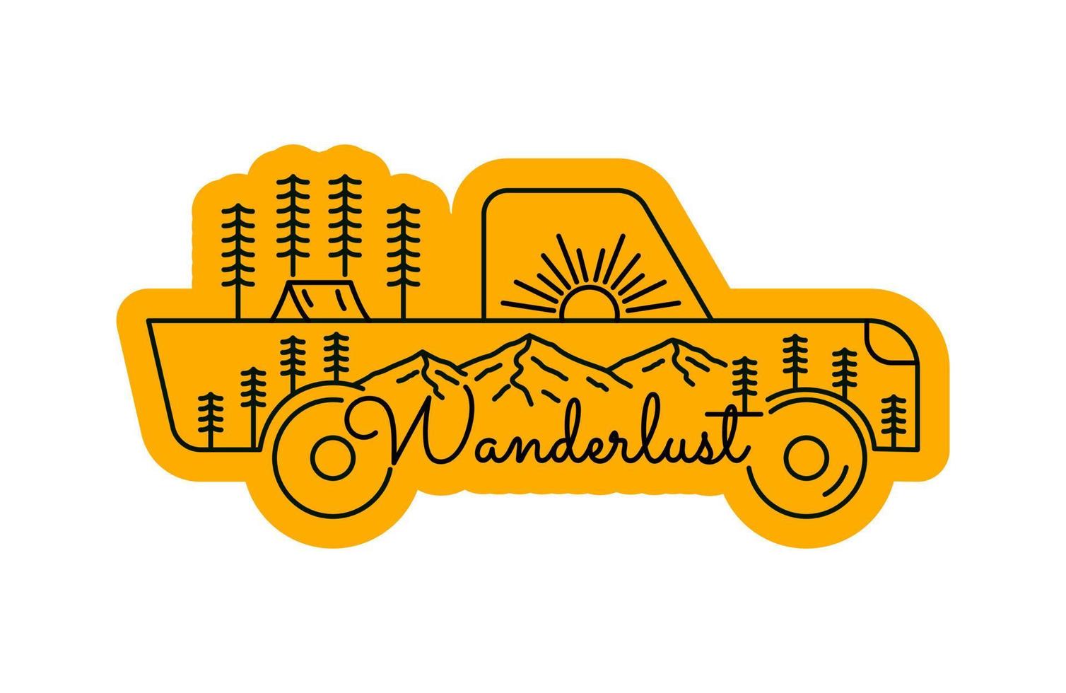 Wanderlust and adventure car nature wildlife in mono line art for t-shirt, sticker, badge, etc vector