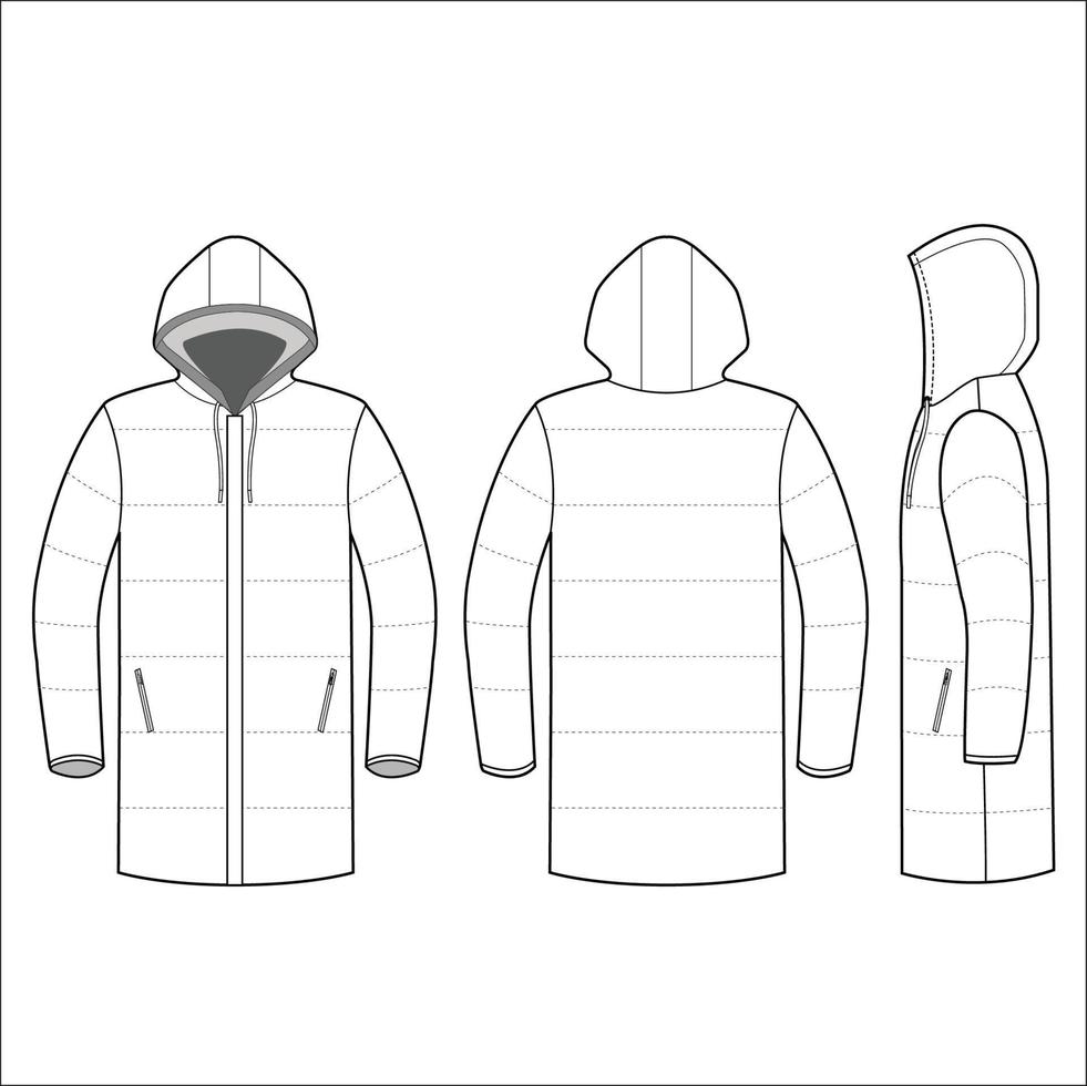 Hooded padding jacket with adjustable drawstring mockup vector
