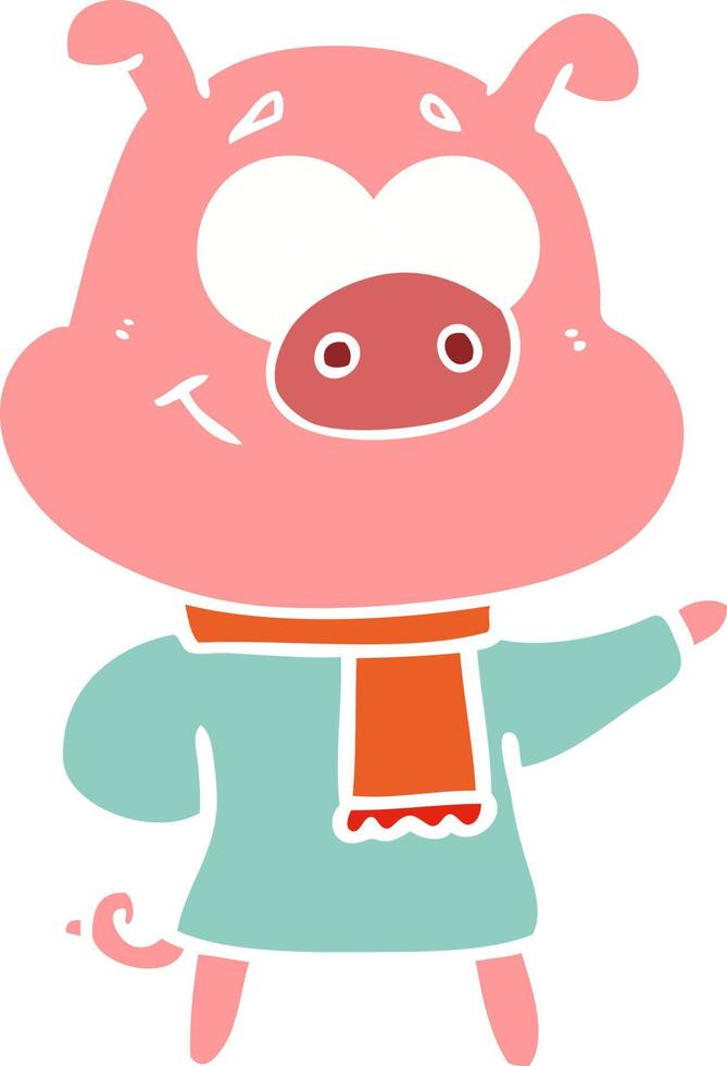 happy flat color style cartoon pig wearing warm clothes vector