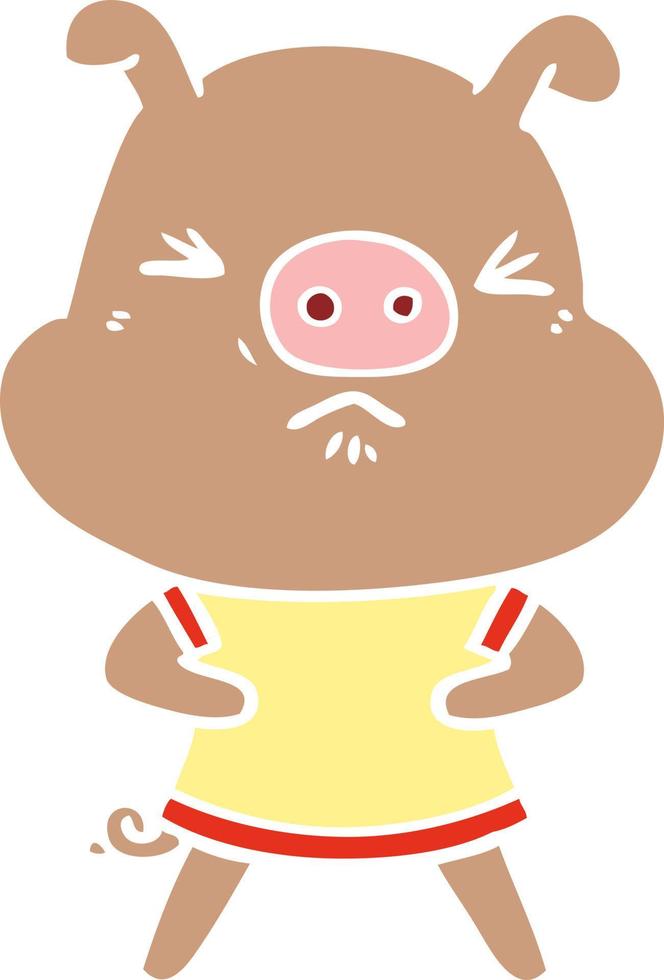 flat color style cartoon angry pig wearing tee shirt vector