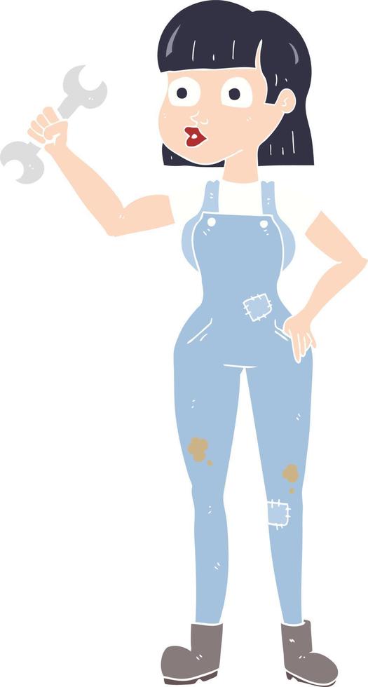flat color illustration of a cartoon mechanic woman vector