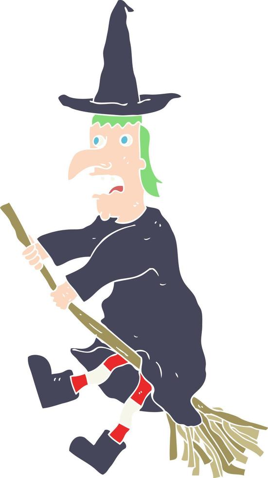 flat color illustration of a cartoon witch flying on broom vector