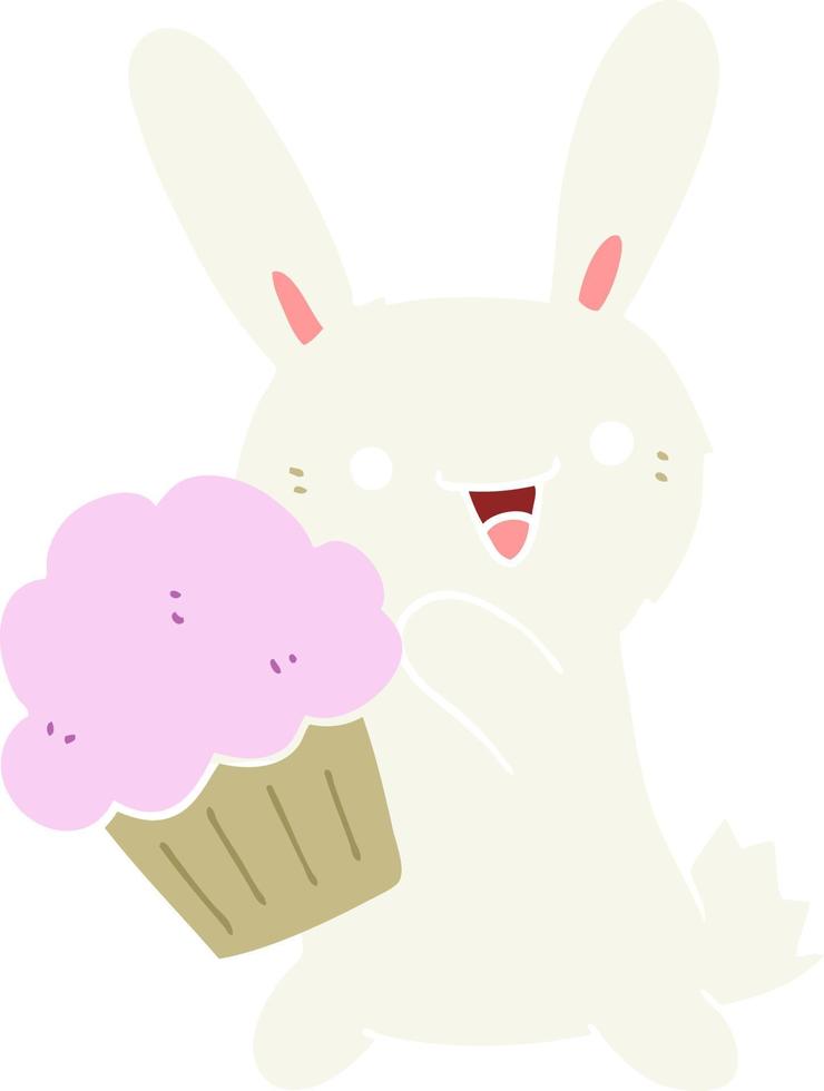 lindo conejo de dibujos animados de estilo de color plano con muffin vector