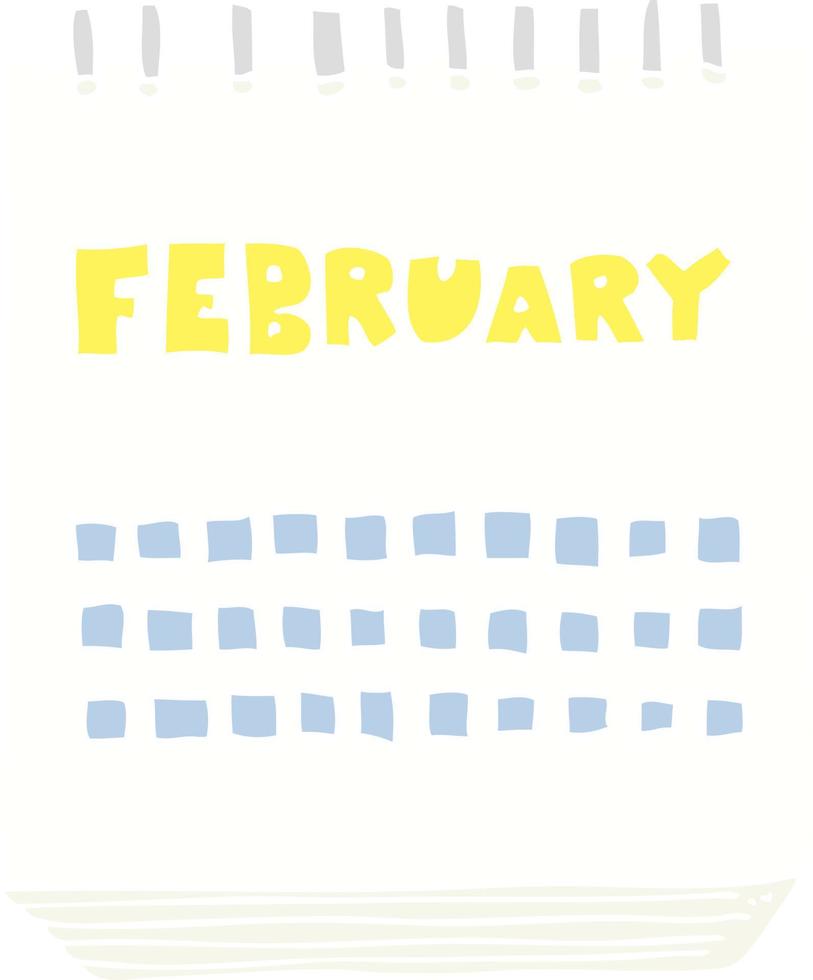 flat color illustration of a cartoon calendar showing month of february vector