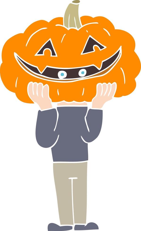 ilustración de color plano de un disfraz de halloween de cabeza de calabaza de dibujos animados vector