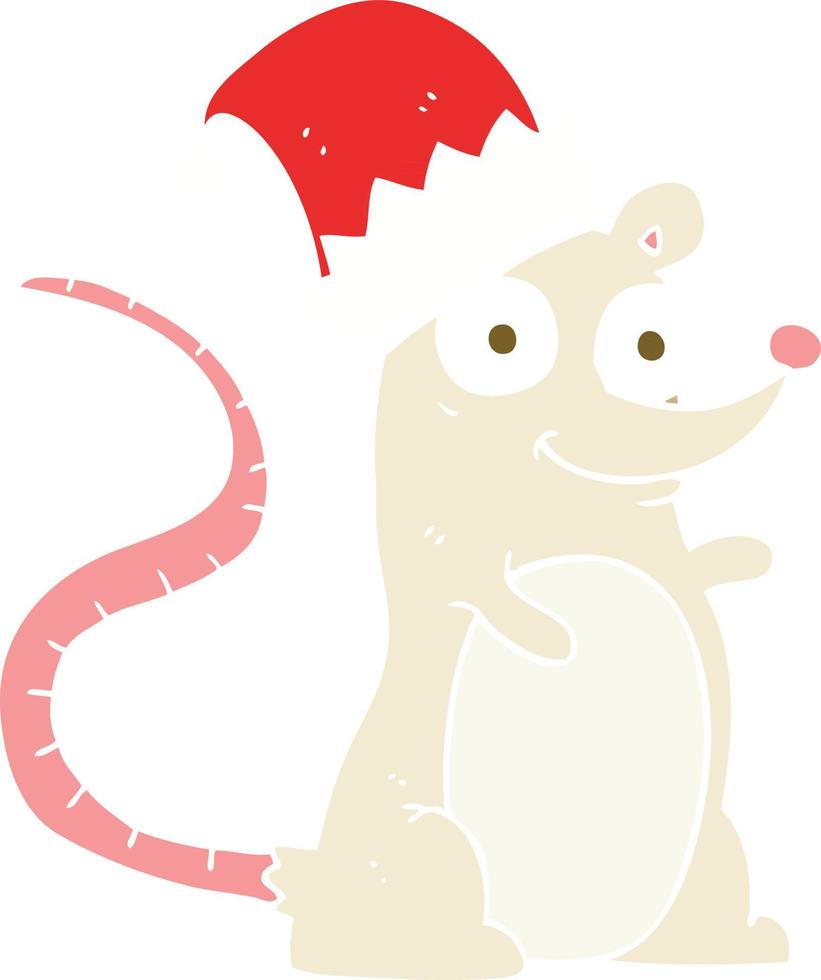 flat color illustration of a cartoon mouse wearing christmas hat vector