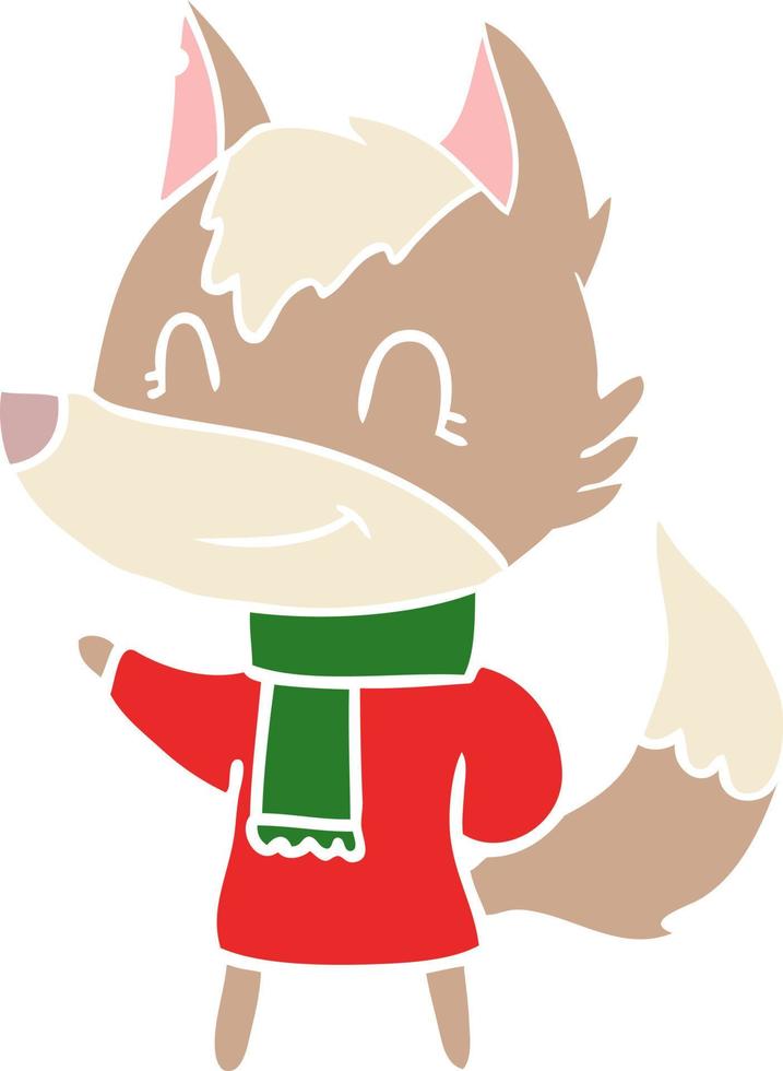 friendly flat color style cartoon wolf in winter clothes vector